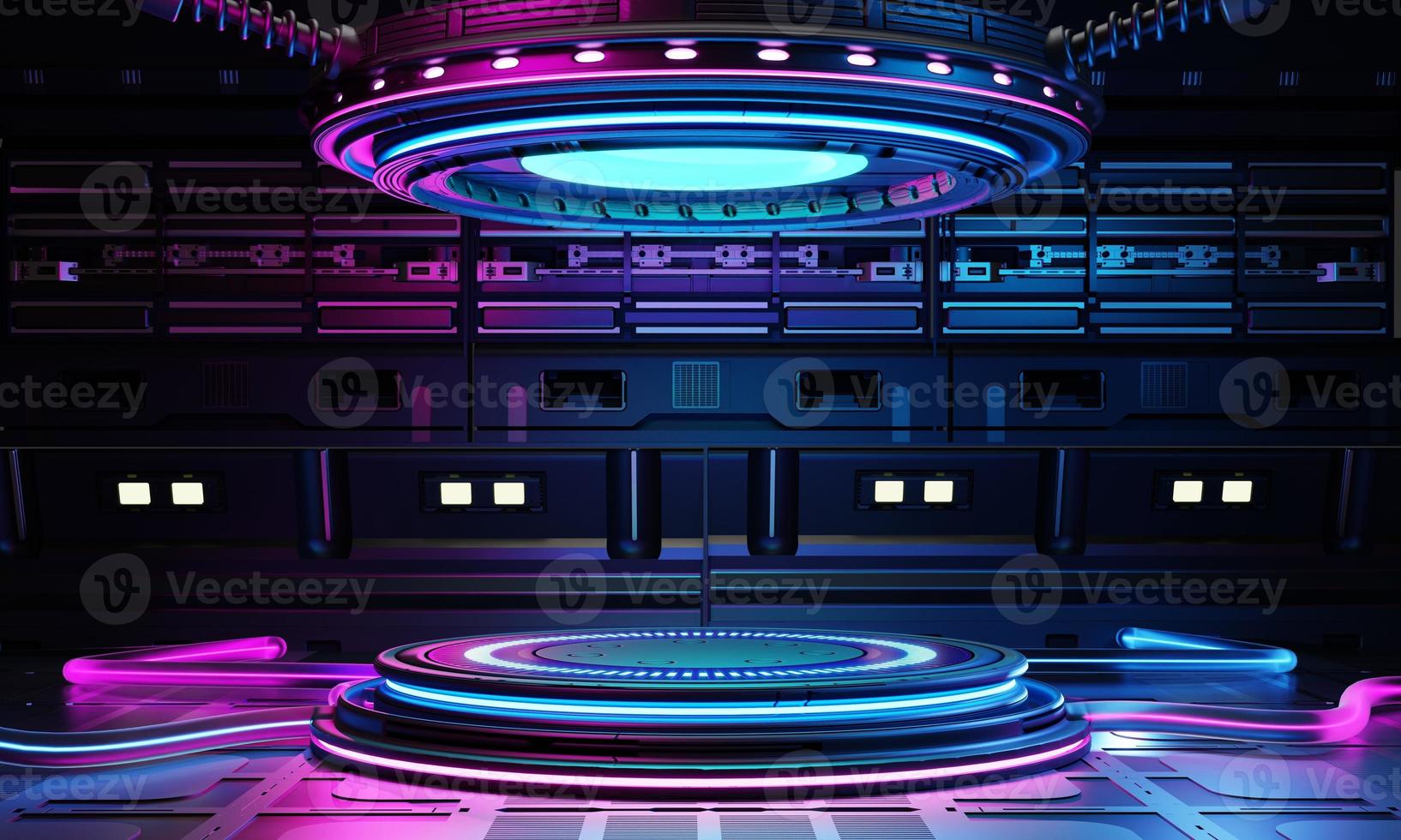 Cyberpunk sci-fi product podium showcase in spaceship base with blue and pink background. Technology and object concept. 3D illustration rendering photo