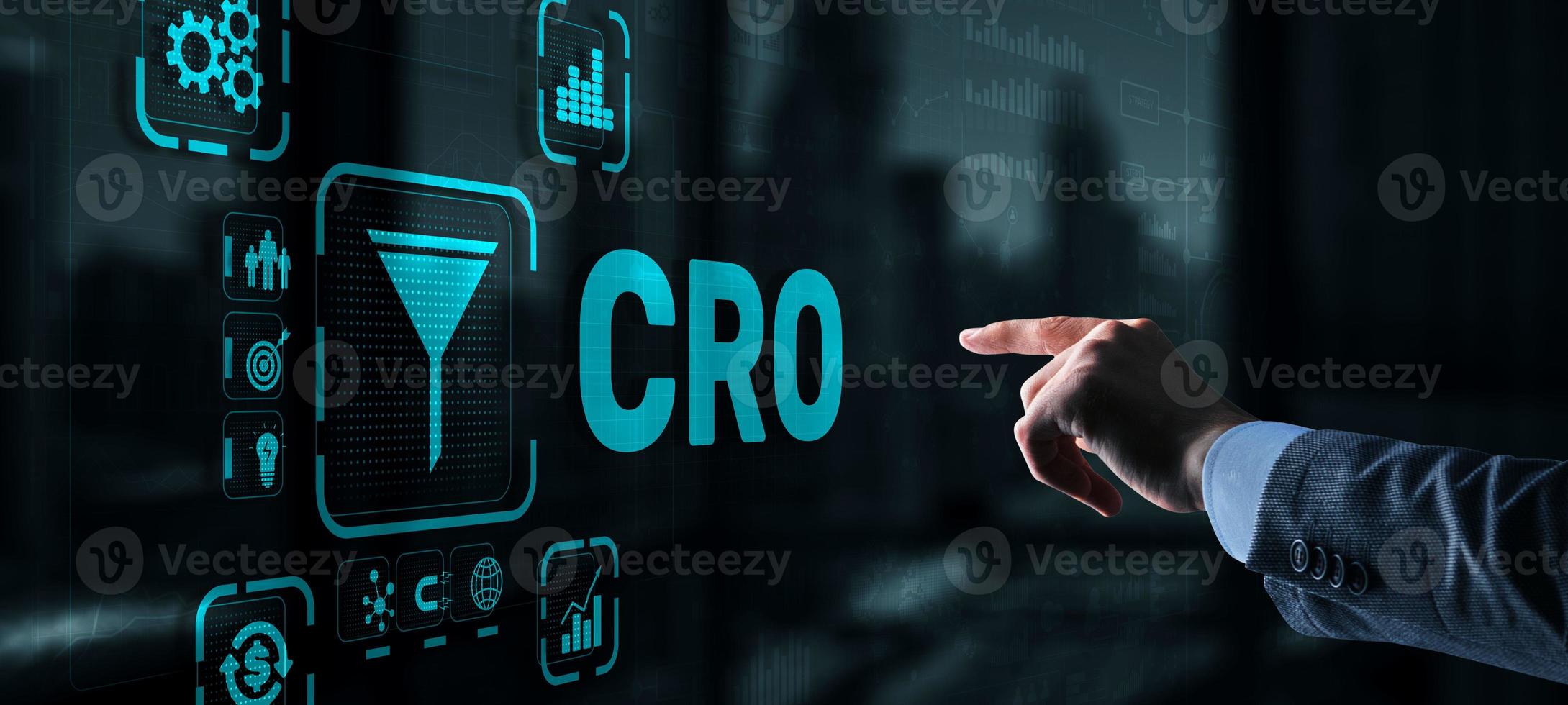 Conversion Rate Optimization. CRO Technology Finance concept Businessman pressing on a virtual screen photo