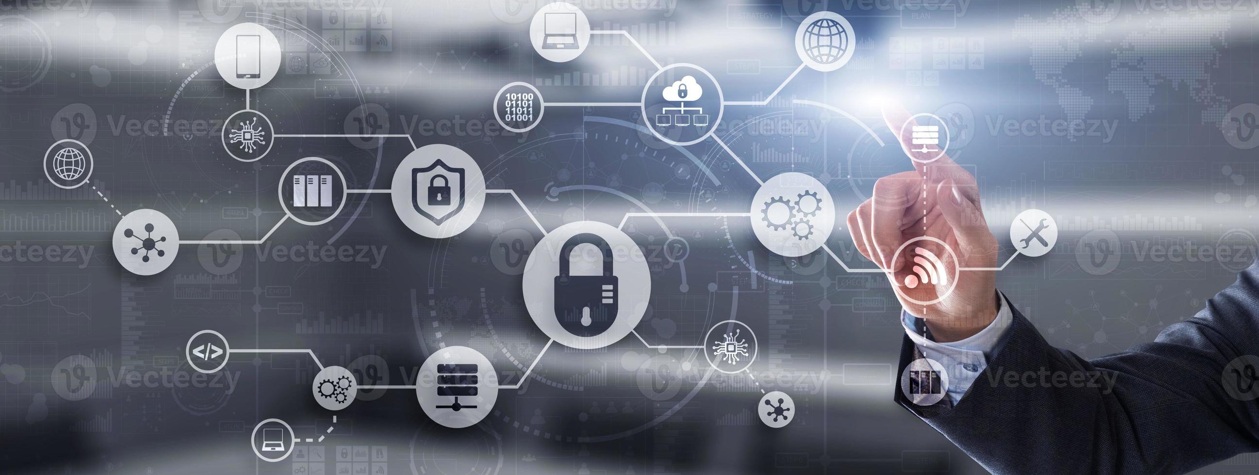 Tech background. Cybersecurity icons. Universal technology abstract background for presentations photo