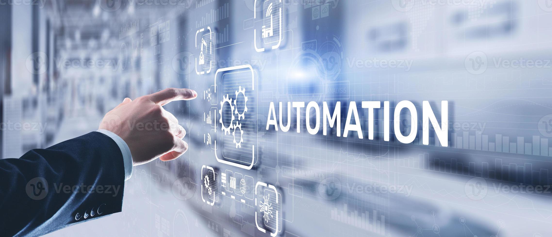 Man clicks on 3d virtual screen Automation. Optimization of business and production processes photo