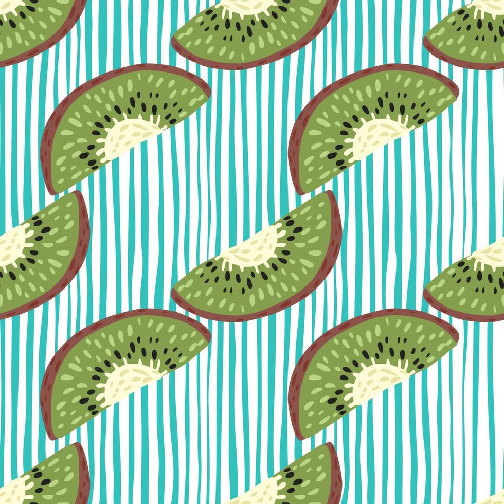 patrón sin costuras de frutas tropicales con formas de rebanadas simples de kiwi. fondo de rayas azules y blancas. vector