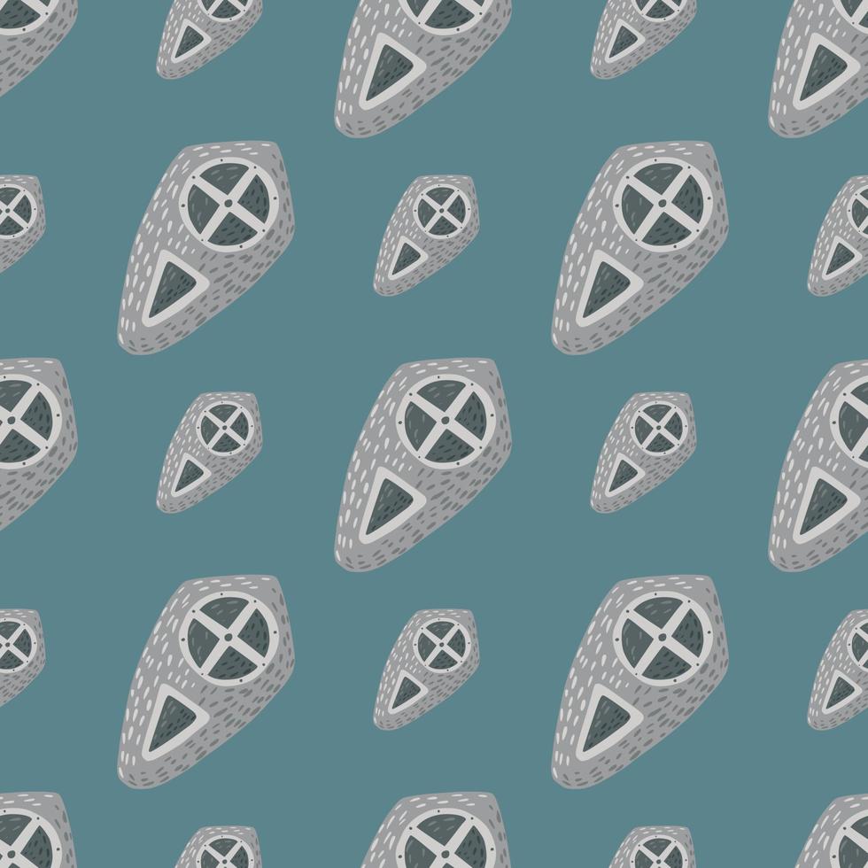 Simple grey shield silhouettes seamless stylized pattern. Knight elements on pale blue background. Warrior print. vector