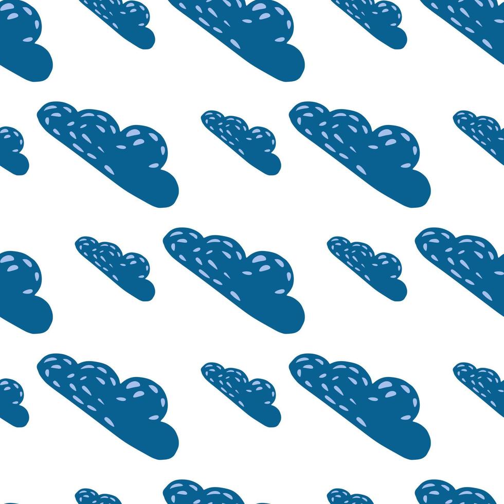 Seamless pattern with navy blue diagonal clouds ornament. White background. Sky artwork. vector