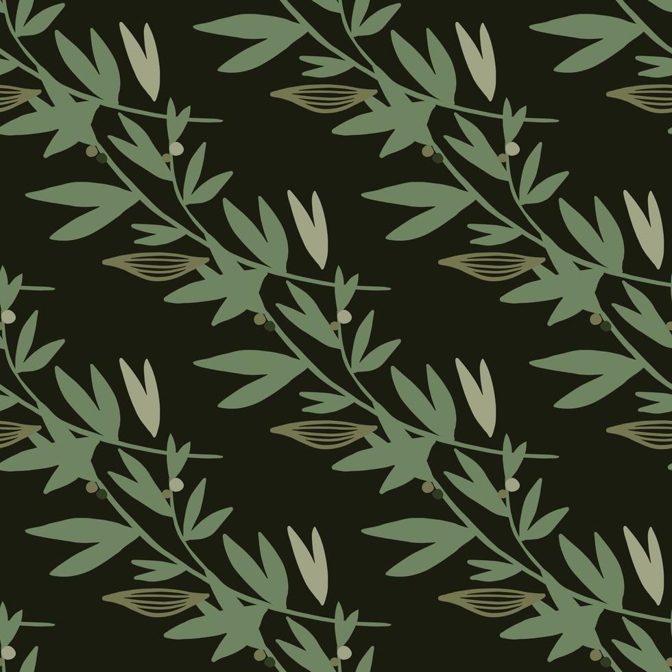 Herbal seamless pattern in dark tones. Green branches on black background. vector
