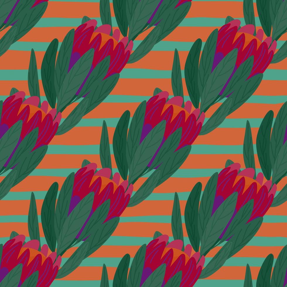 Red doodle protea flowers ornament seamless pattern. Tropical backdrop with striped background. vector