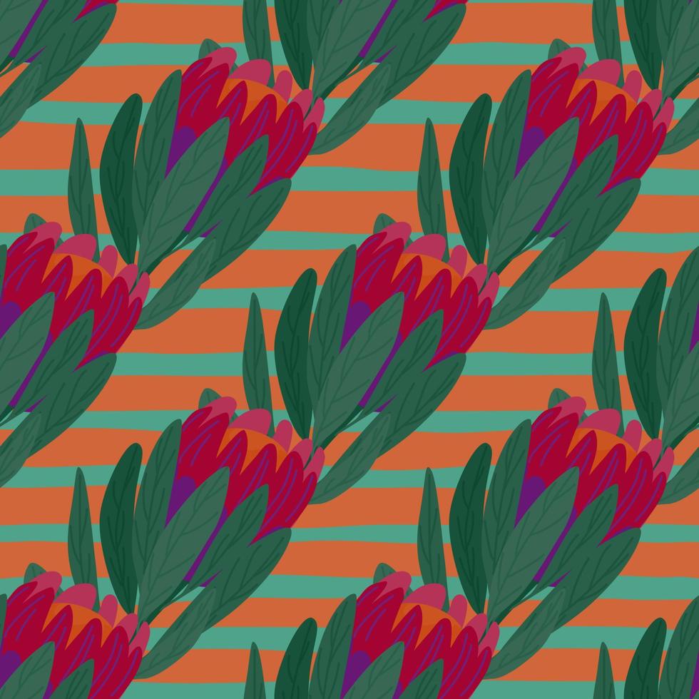 Red doodle protea flowers ornament seamless pattern. Tropical backdrop with striped background. vector