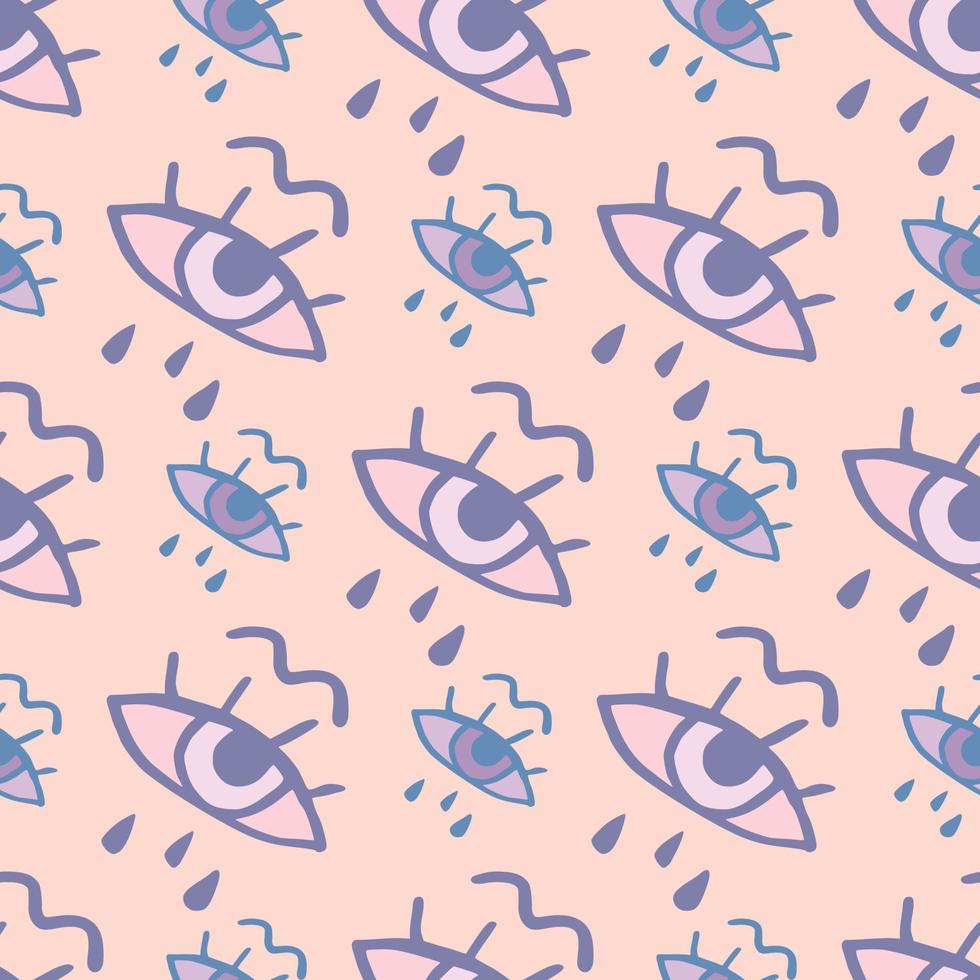 Seamless pattern with doodle eyes print. Pastel palette in yellow and blue colors. vector
