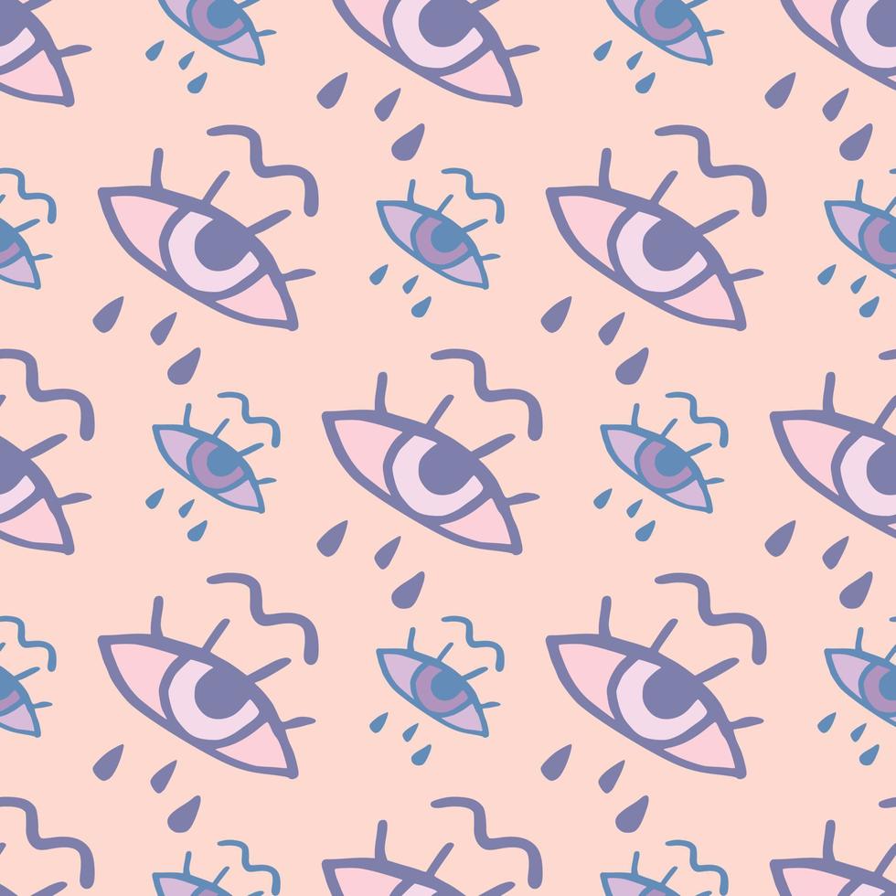 Seamless pattern with doodle eyes print. Pastel palette in yellow and blue colors. vector