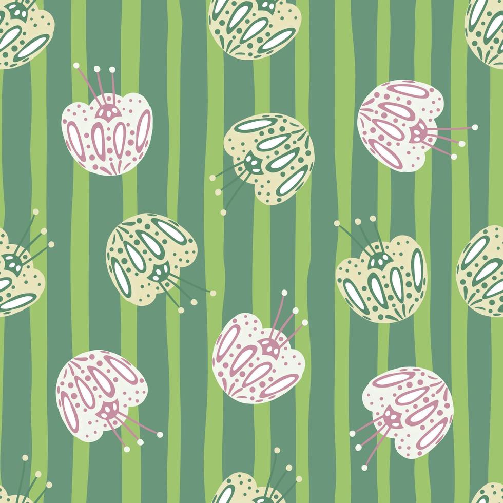 Random seamless pattern with contoured random folk flower buds print. Pastel green striped background. vector