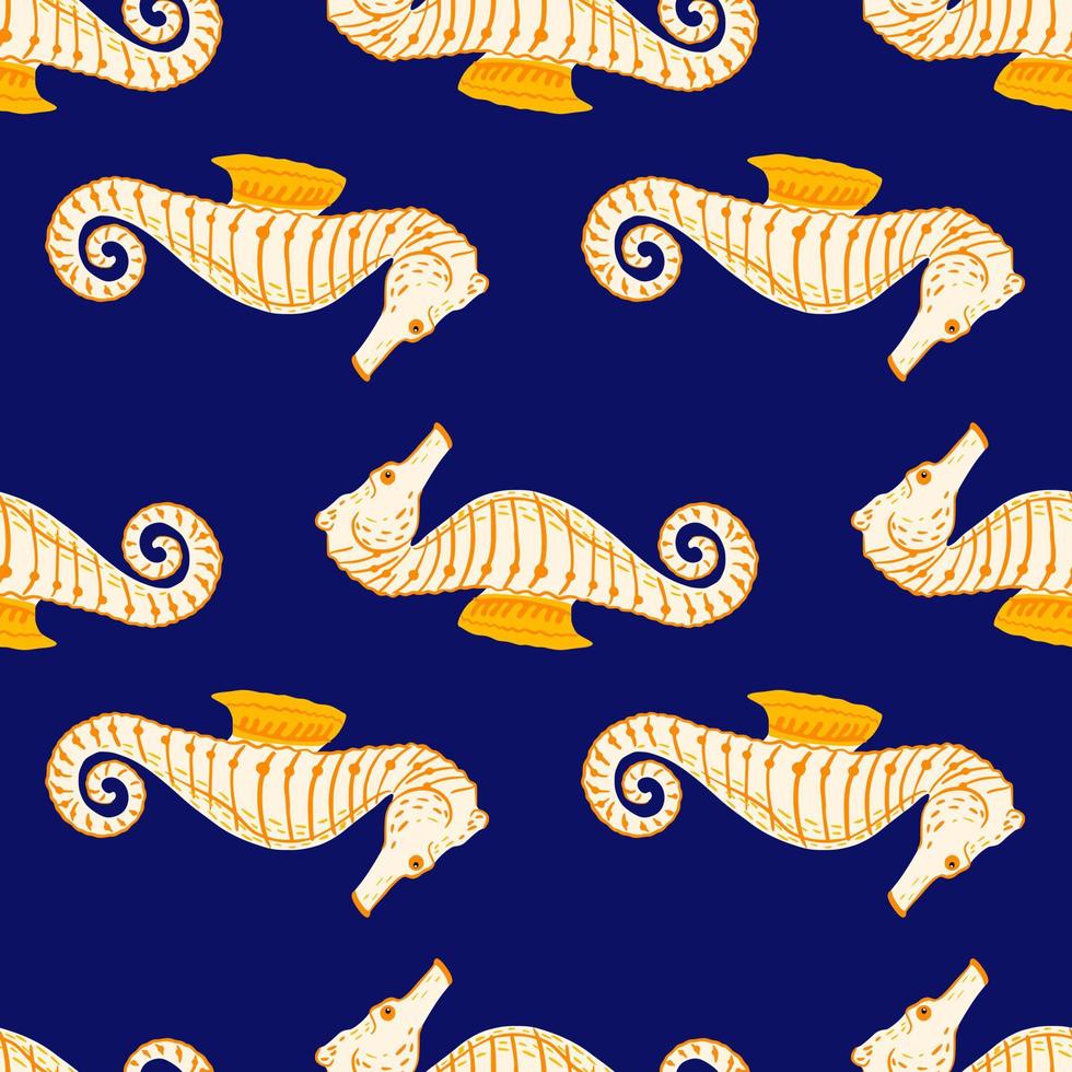 Contrast ocean fauna seamless pattern with orange contoured sea horse elements. Navu blue backround. vector