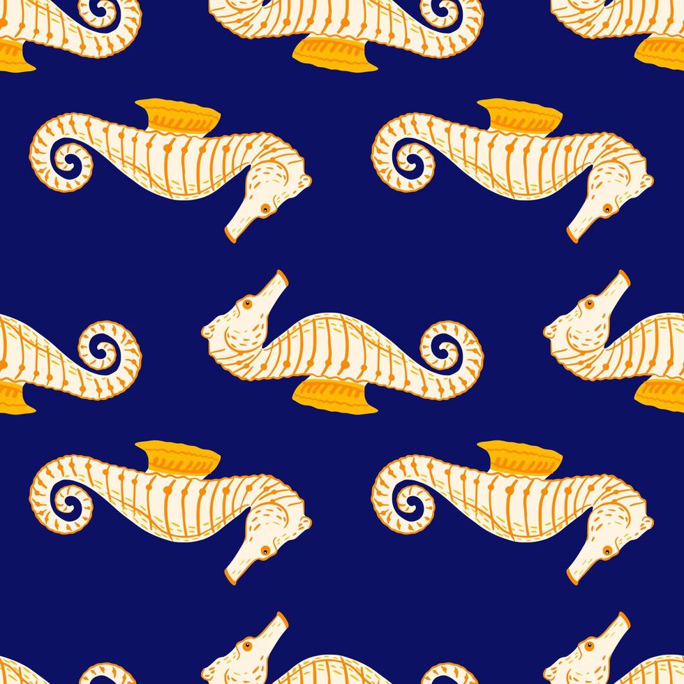 contraste de la fauna oceánica de patrones sin fisuras con elementos de caballitos de mar contorneados en naranja. fondo azul navu. vector