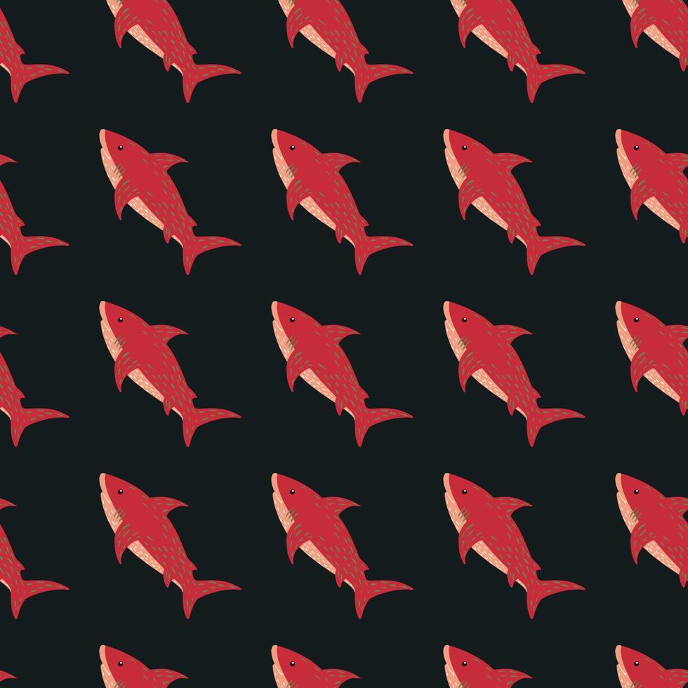 Contrast seamless doodle pattern with shark red ornament. Black background. Wild exotic print. vector