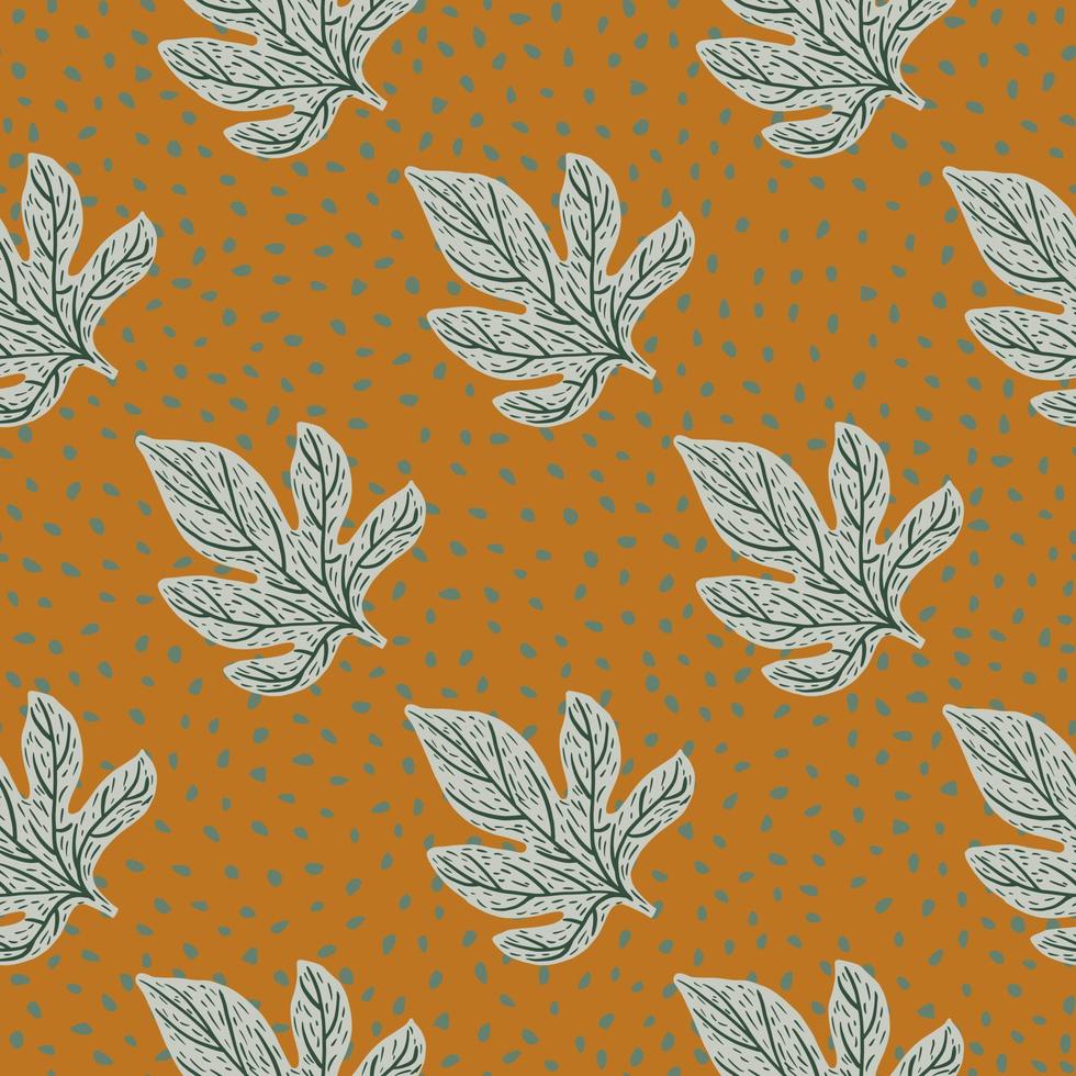 Fall seamless doodle pattern with cartoon flat grey leaf ornament. Brown light dotted background. vector