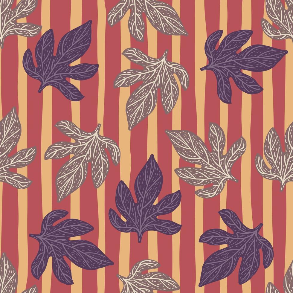 Random seamless pattern with grey and purple foliage autumn shapes. Striped red and orange background. vector