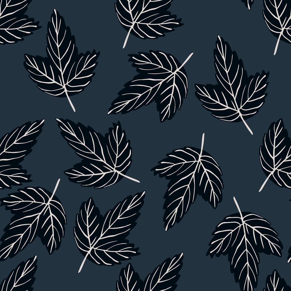 Dark random seamless pattern with black outline leaf shapes. Navy blue background. vector