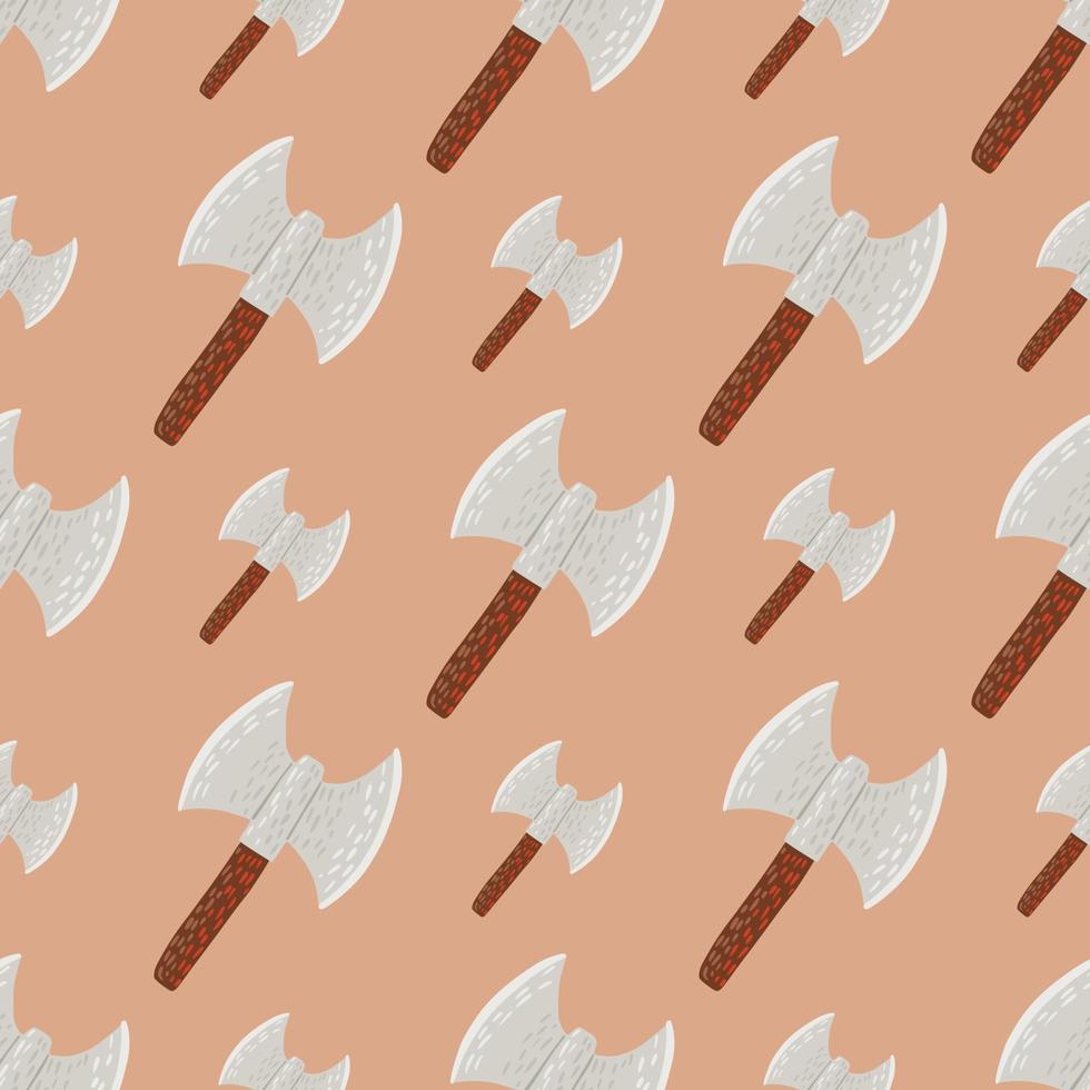 Pastel palette seamless history pattern with viking hatchet ornament. Orange background. Stylized medieval skull backdrop. vector
