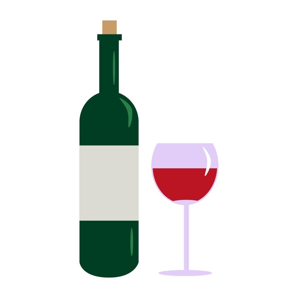 Bottle wine and glass isolated on white background. Wine bottle in flat style. vector