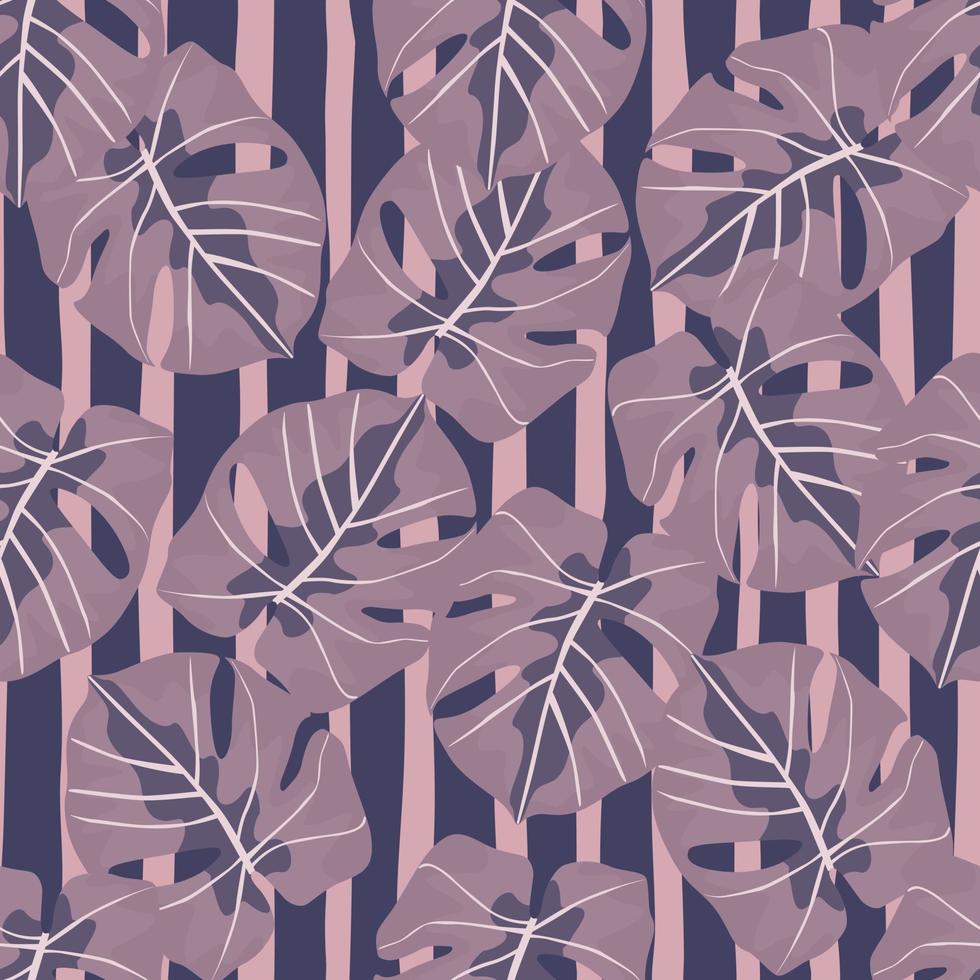 Random abstract seamless hand drawn monstera pattern. Palm foliage ornament with striped background. Artwork in pink and purple tones. vector