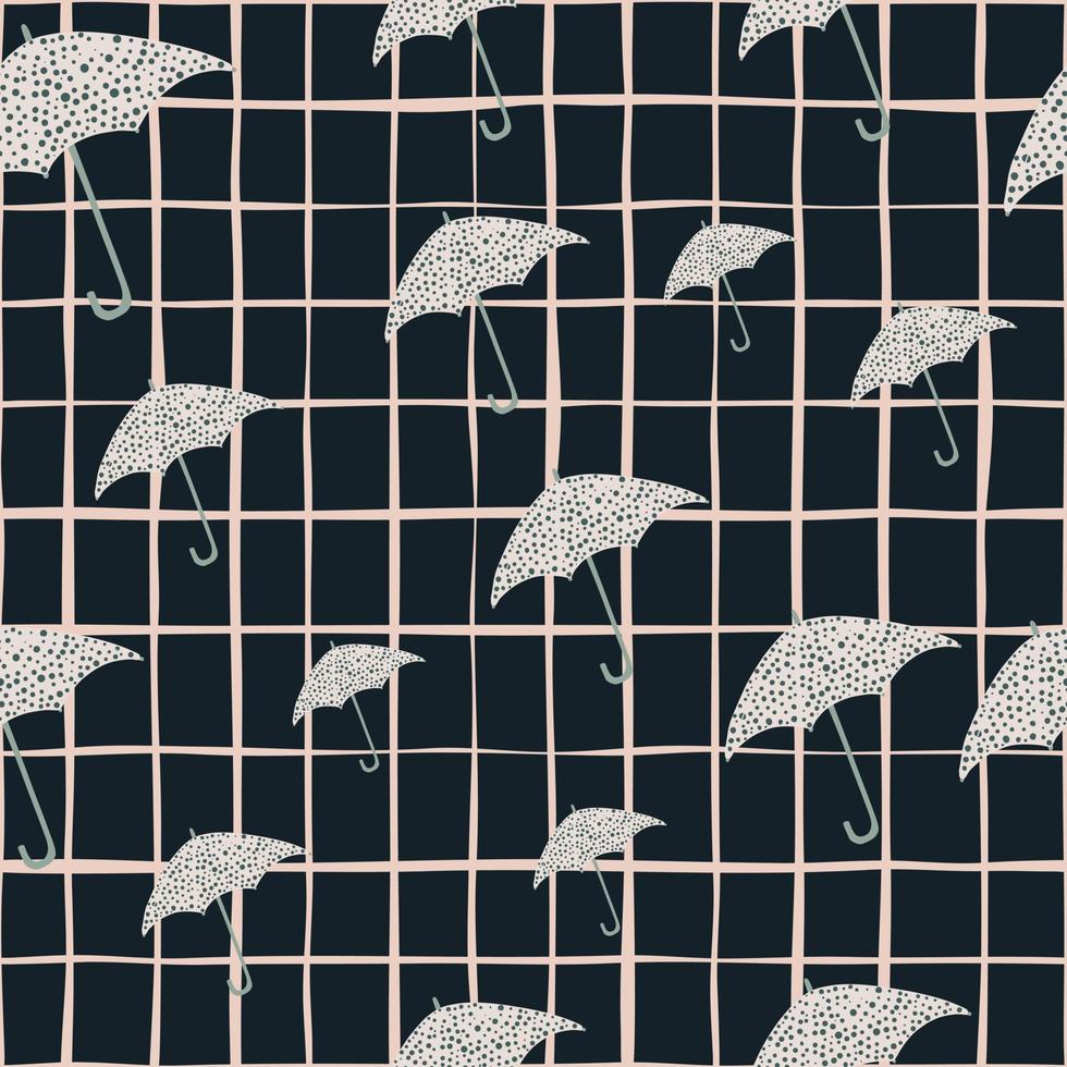 Random umbrella silhouettes seamless hand drawn pattern. Season autumn print on dark chequered background. vector