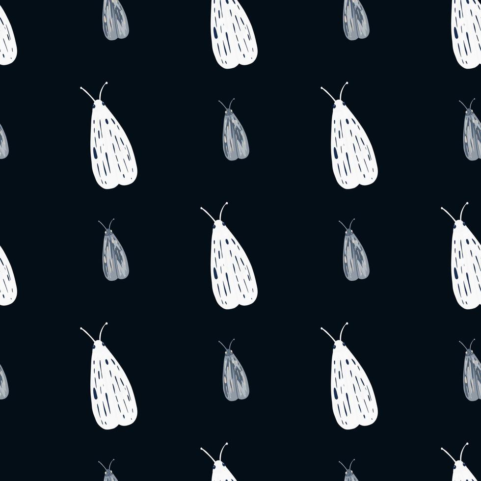 White and blue hand drawn night moth seamless pattern. Black background. Simple nature backdrop. vector