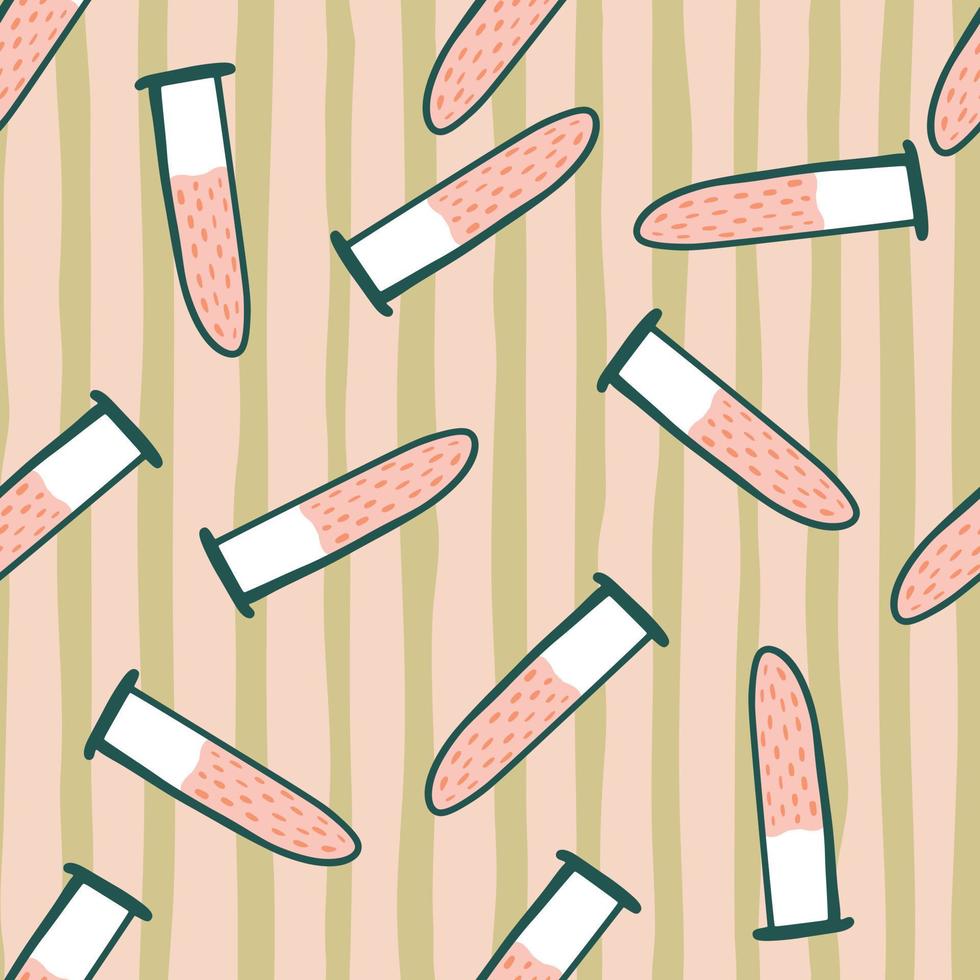 Random labaratory seamless pattern with glass bulb silhouettes. Simple cartoon print on striped background. vector