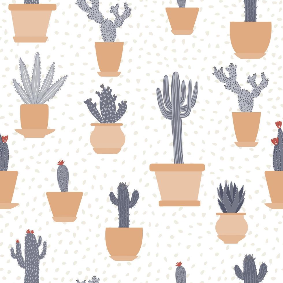 Hand drawn cactus in pot seamless pattern. Home plant backdrop. Design for fabric, textile print, wrapping paper. vector