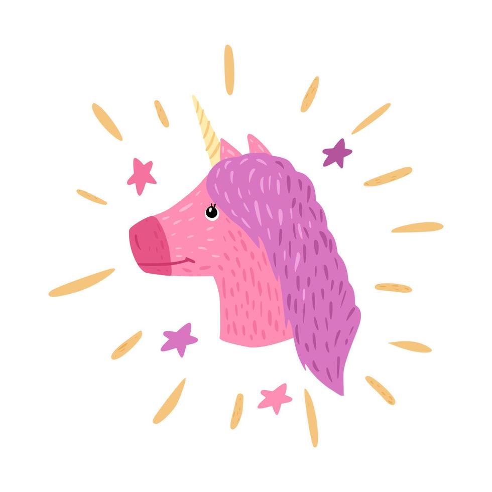 composición cabeza unicornio blanco resplandor y estrellas sobre fondo blanco. dibujos animados lindo personaje color rosa en garabato. vector