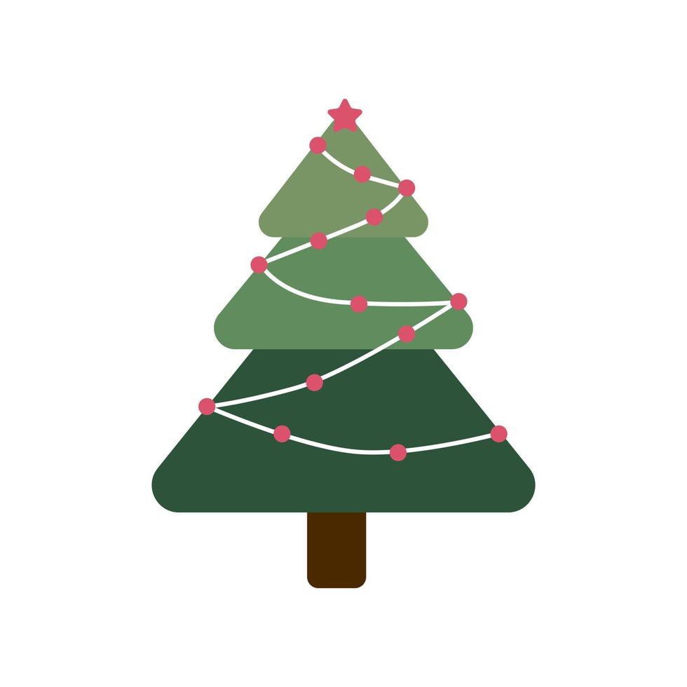 abeto de vacaciones dibujado a mano en símbolo de estilo plano. árbol de Navidad de dibujos animados en guirnaldas aislado sobre fondo blanco. vector