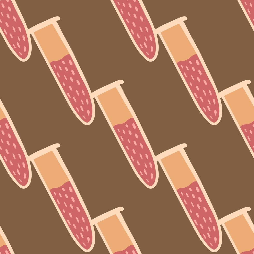 Seamless pattern with hand drawn chemical flask elements. Pink and orange colored elemets on brown background. vector