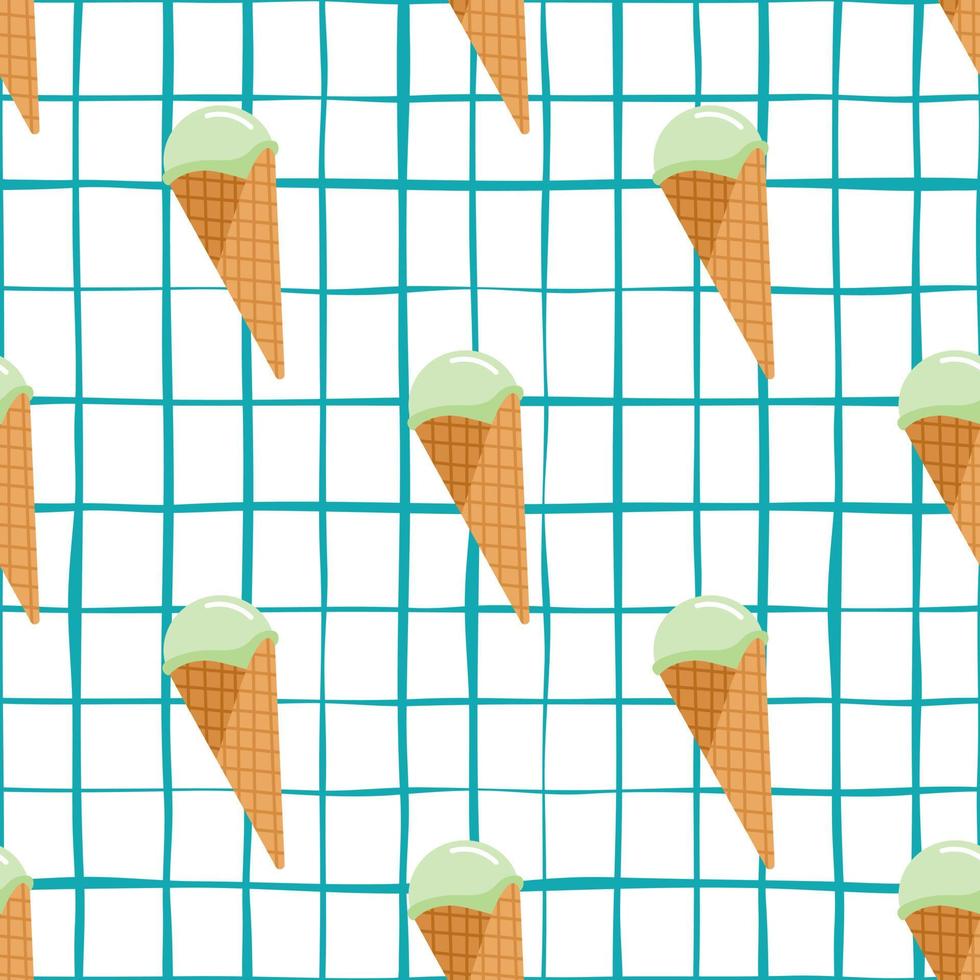 Ice cream waffle cone seamless pattern. White background with blue check. Bright design. vector