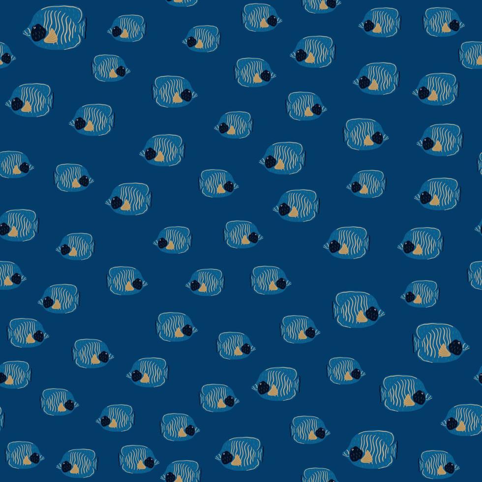 álbum de recortes al azar sin costuras fauna aqua patrón con pequeño adorno de pez mariposa al azar. paleta azul. vector