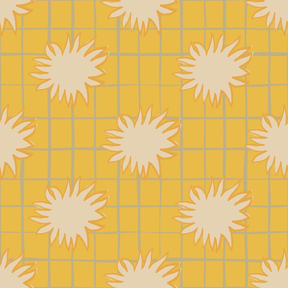 Summer morning seamless doodle pattern with abstract stars silhouettes. Yellow chequered background. vector