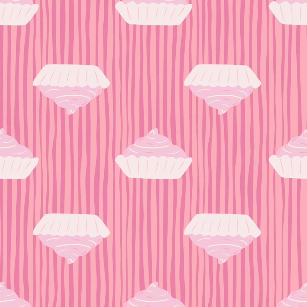 Seamless pattern with sweet basket cream cake elements. Pink palatte artwork. Striped background. Food backdrop. vector
