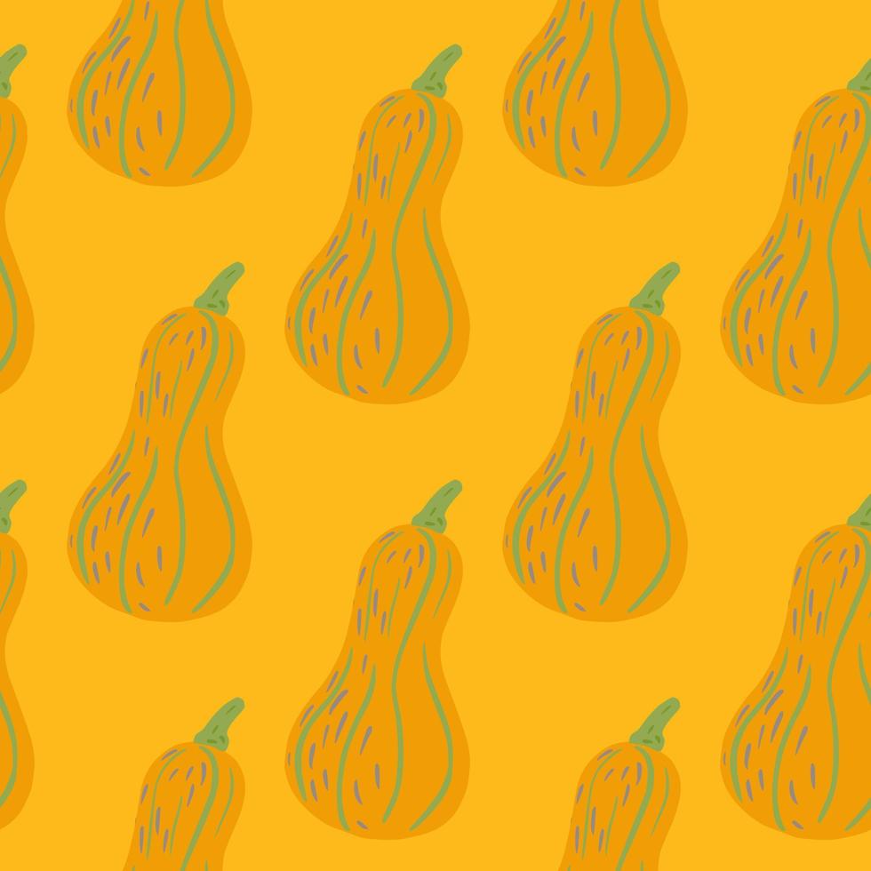 Healthy seamless food pattern with orange doodle pumpkin on yellow background. vector