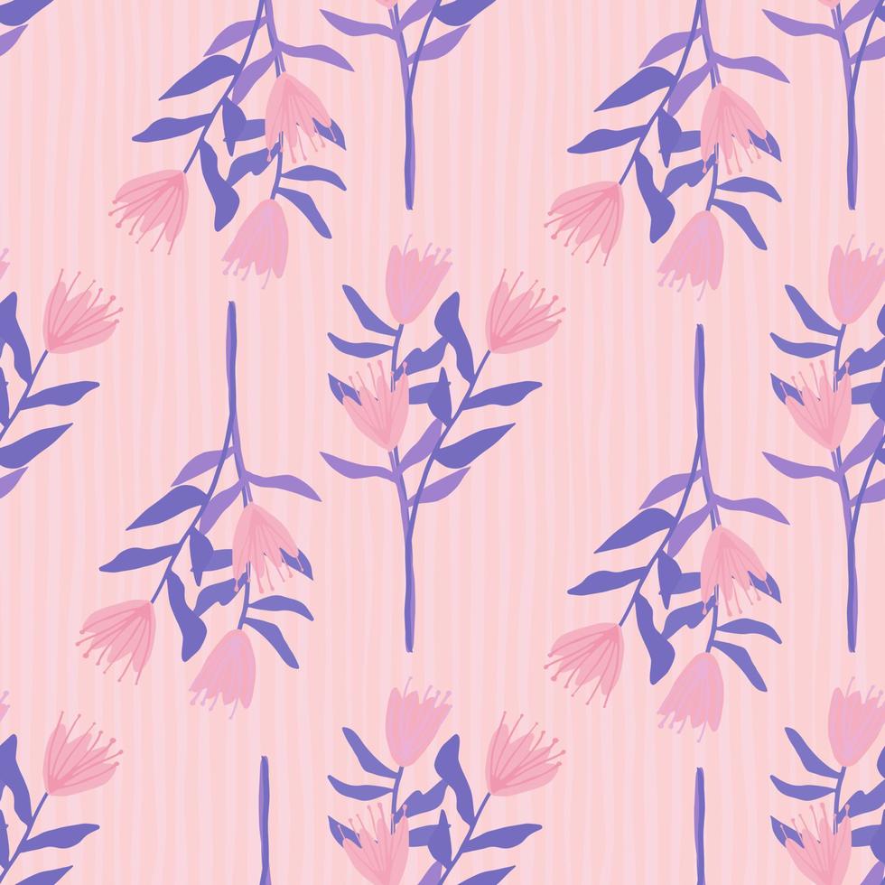 Flower bouquet silhouettes seamless pattern. Hand drawn botanic elements and stripped background in pink and blue tones. vector