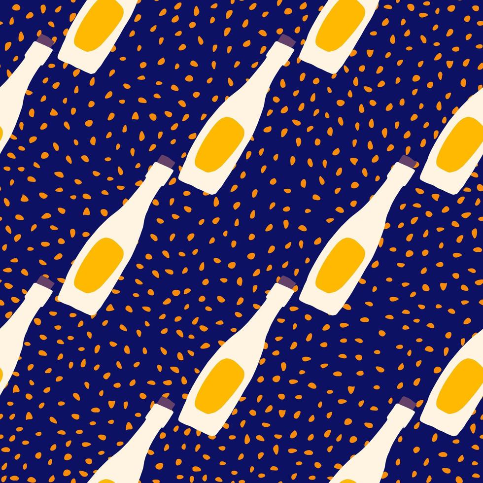 Bright seamless pattern with hand drawn bottles. White and yellow drink elements on navy blue dotted background. vector