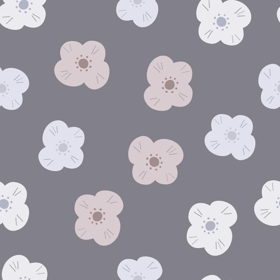 Bloom scrapbook seamless pattern with doodle random shildish daisy flowers shapes. Purple pale background. vector