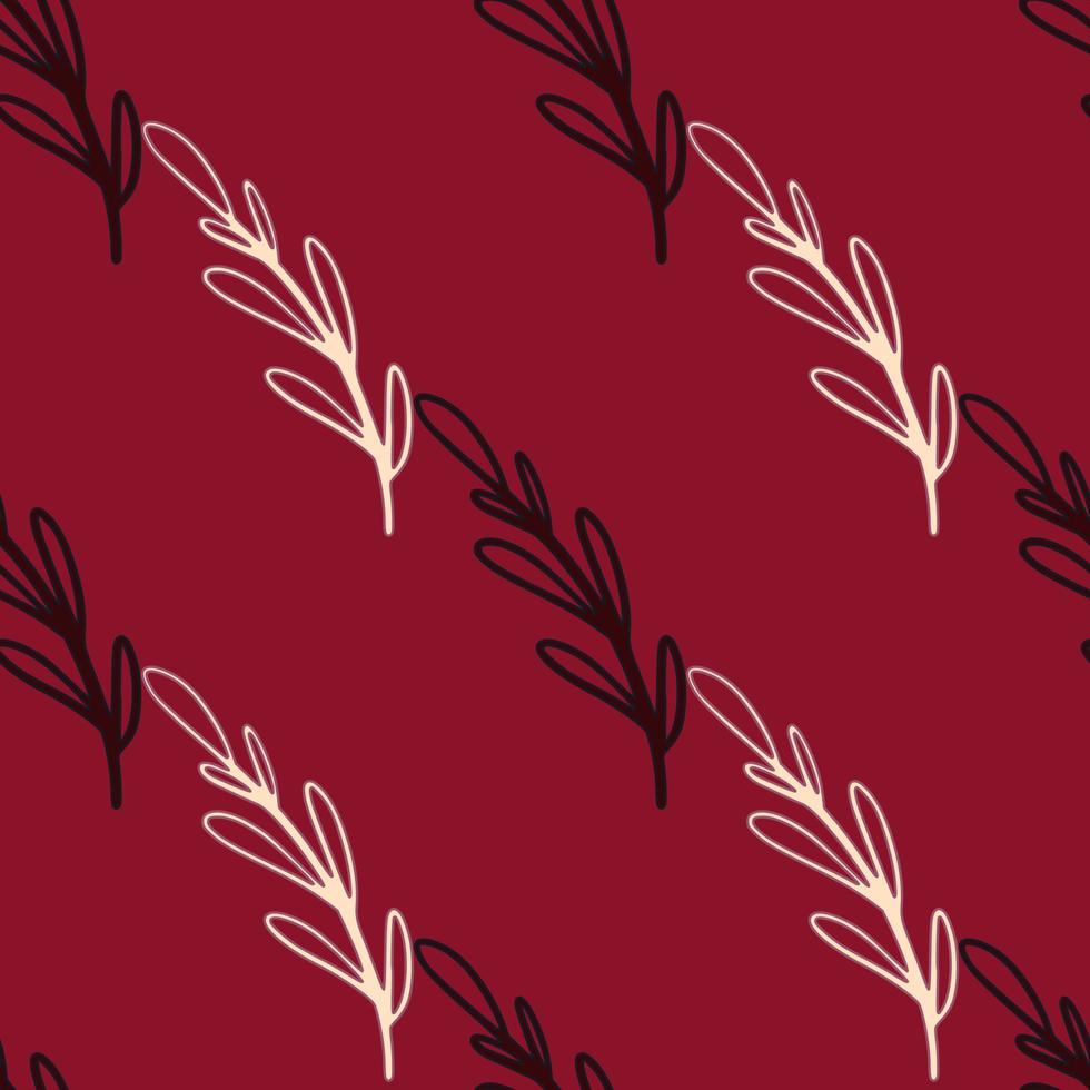 Abstract seamless pattern with black and white outline branches ornament. Maroon background. vector