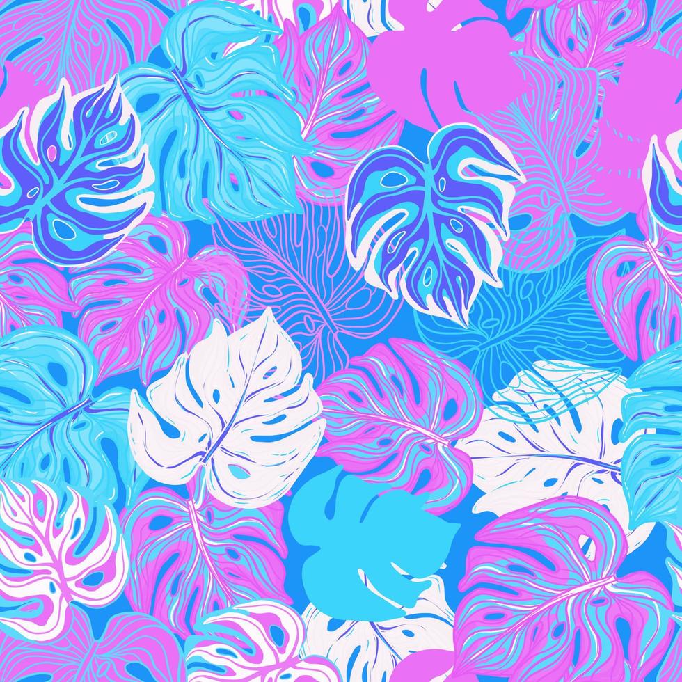 Acid monstera leaves seamless. Vibrant tropical pattern. Neon foliage backdrop. vector