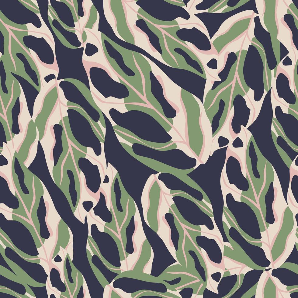 Random hand drawn monstera seamless pattern. Soft green and pink tones tropical figures on navy blue background. vector