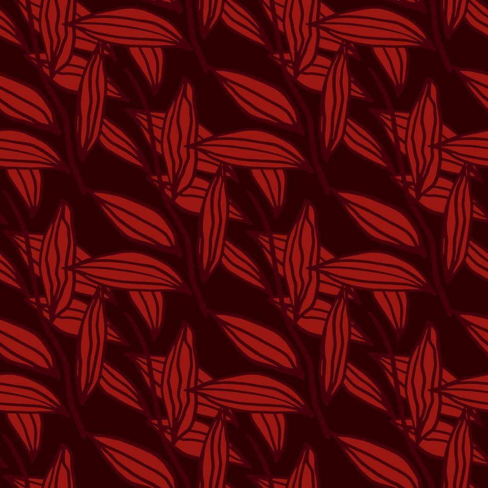 Doodle seamless pattern with outline leaves. Foliage in red color on dark burgundy background. vector