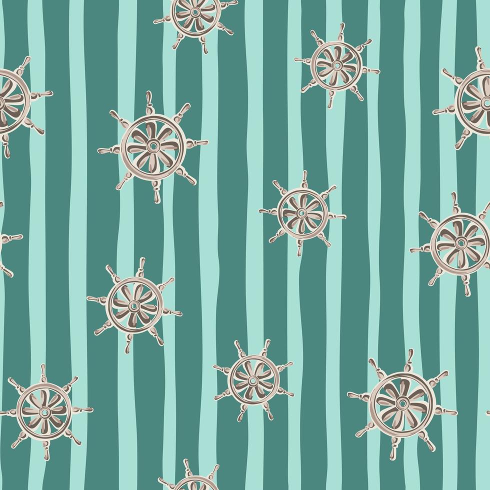 Random grey ship wheel elements seamless doodle pattern. Blue striped background. Hand drawn style. vector