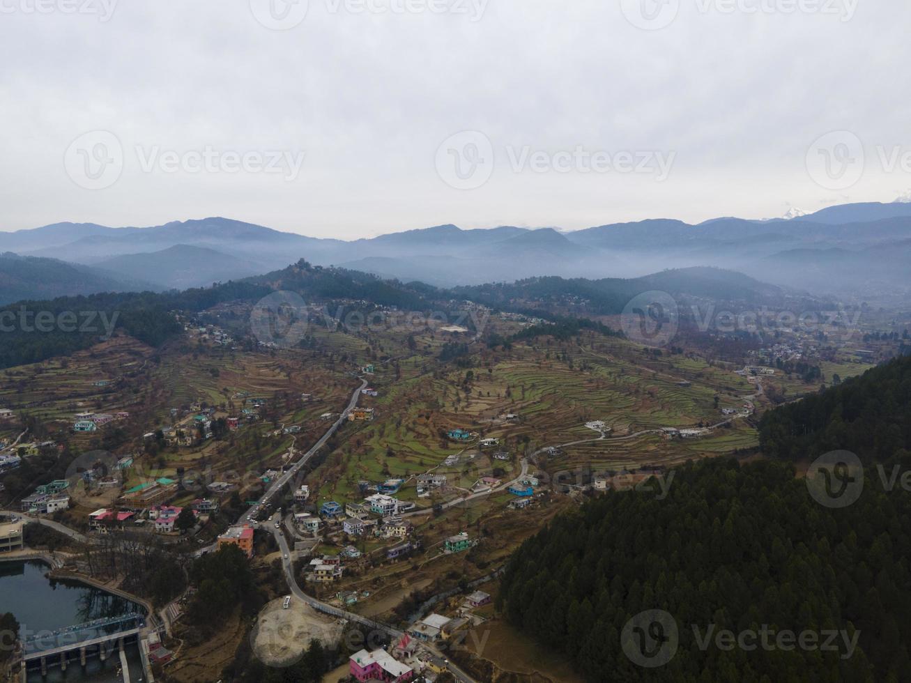 Aerial view of Baijnath City. Drone shot of Bageshwar district. A city situated in between the mountains photo