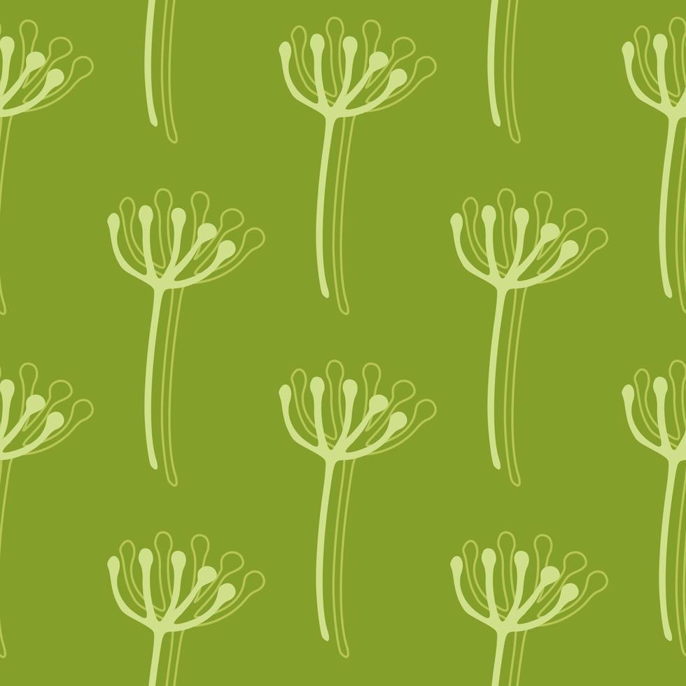 Simple dandelion flowers outline silhouettes seamless pattern. Green background with white botanic ornament. vector