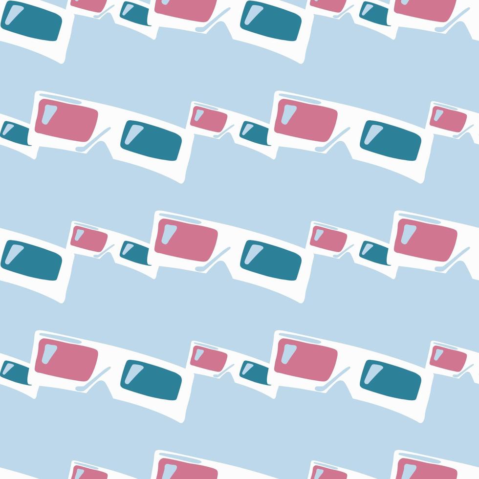 Pink and blue tones 3D glasses silouettes seamless pattern. Lighr soft blue background. Simple cinema backdrop. vector