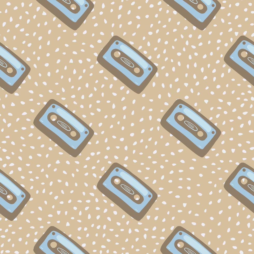 Blue and brown seamless doodle pattern with cassette elements. Light beige dotted background. vector