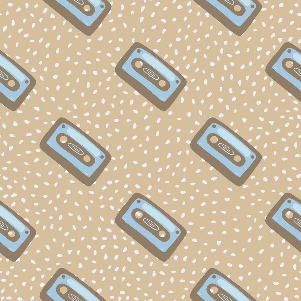 Blue and brown seamless doodle pattern with cassette elements. Light beige dotted background. vector