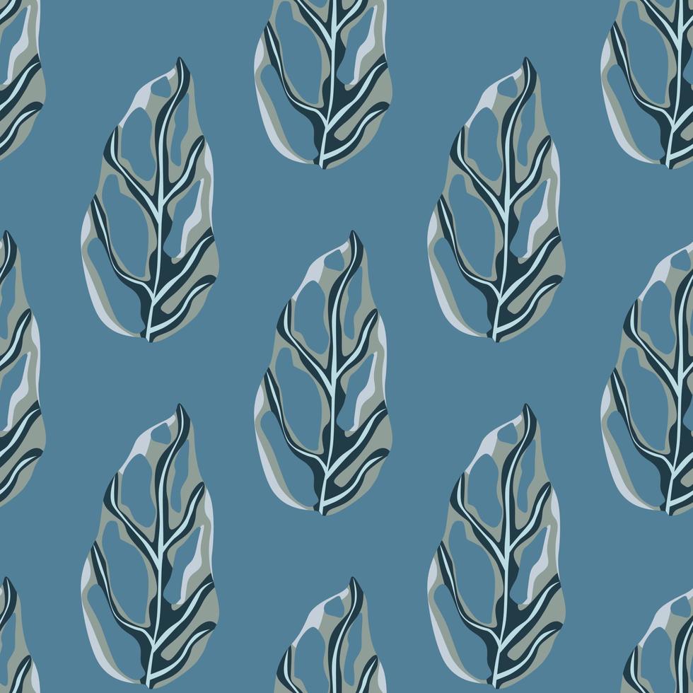 Navy blue nature seamless tropical pattern with grey colored hand drawn monstera leaf. Botanic simple artwork. vector