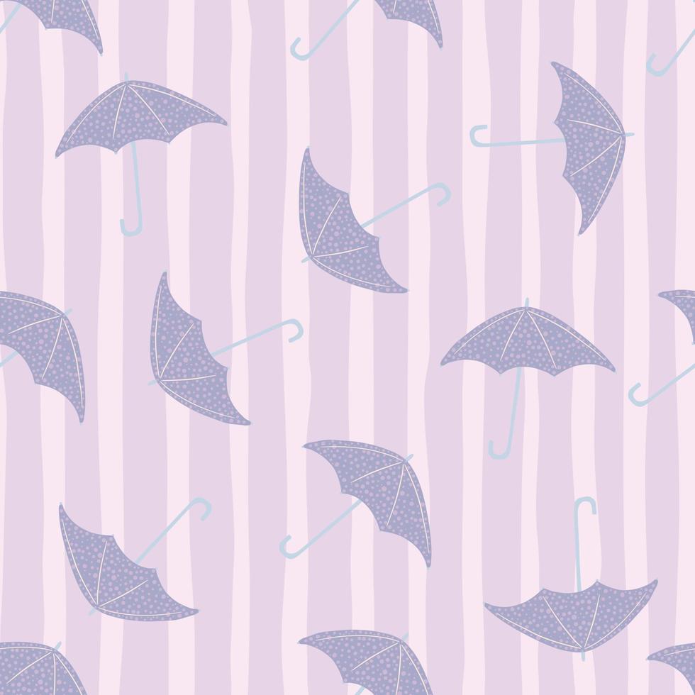 Random seamless pattern with hand drawn purple umbrella ornament. Light pastel striped background. Season backdrop. vector