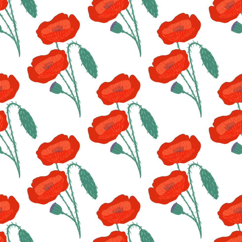 Bright poppy flower ornament isolated seamless pattern. Red flower ornament on white background. vector